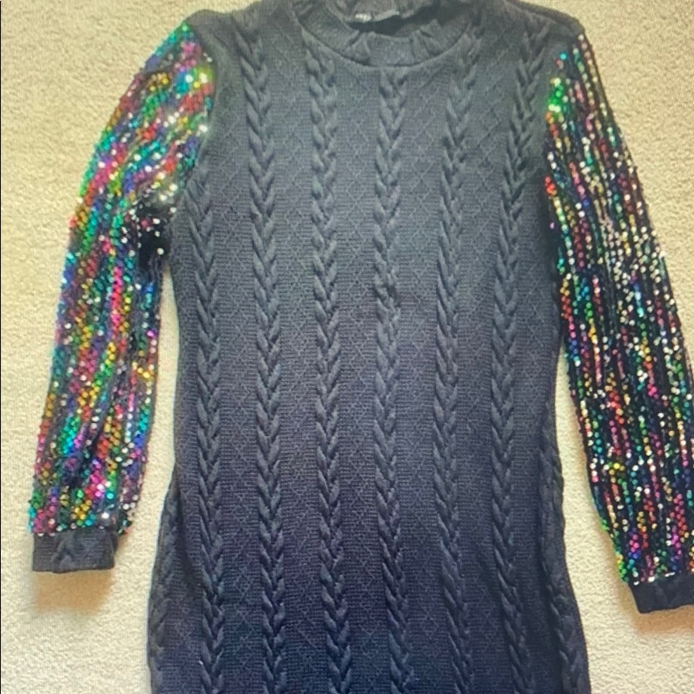 Black Sweater Dress with Sequin Sleeves
